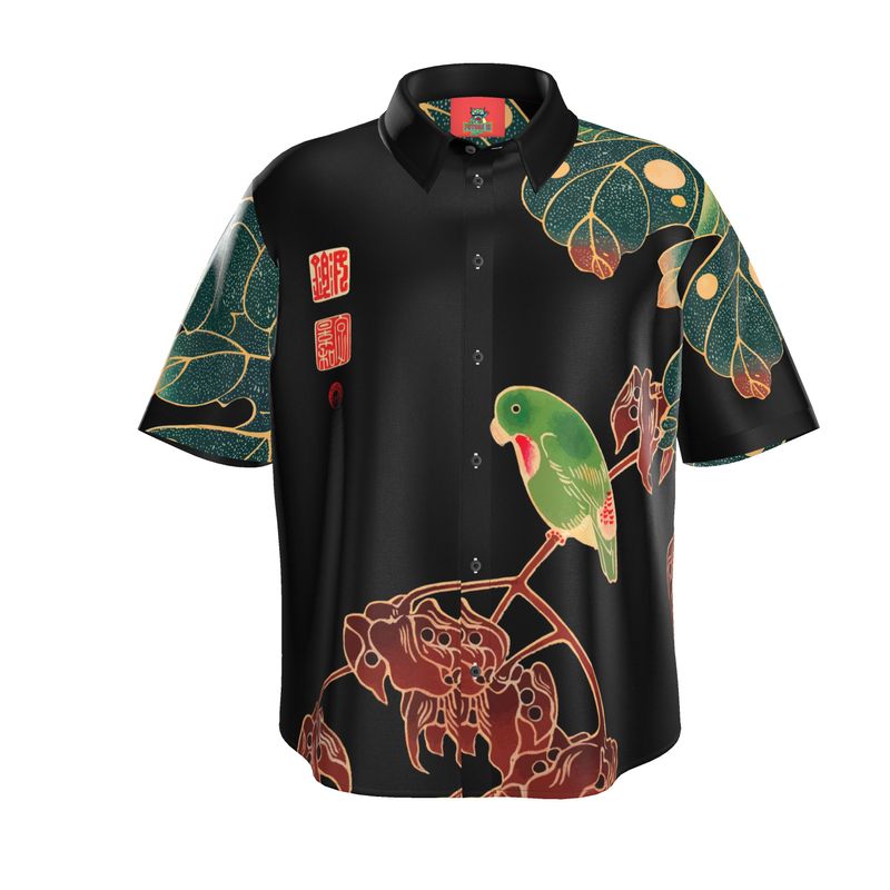 Organic Shirt with Japanese Ukiyo-e Print, Short Sleeve Silk, Linen or Cotton Satin