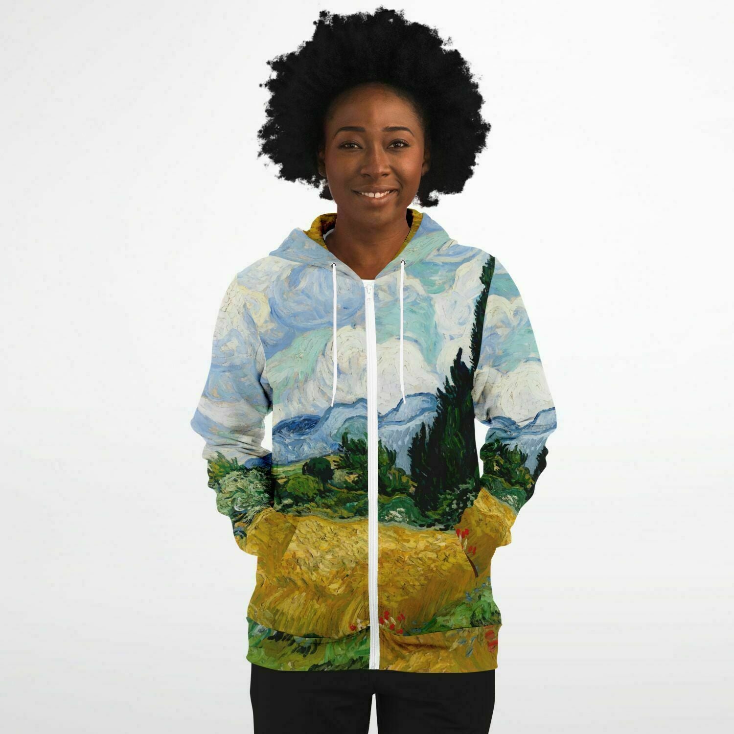 Van Gogh Zip-Up Hoodie Wheat field with Cypresses