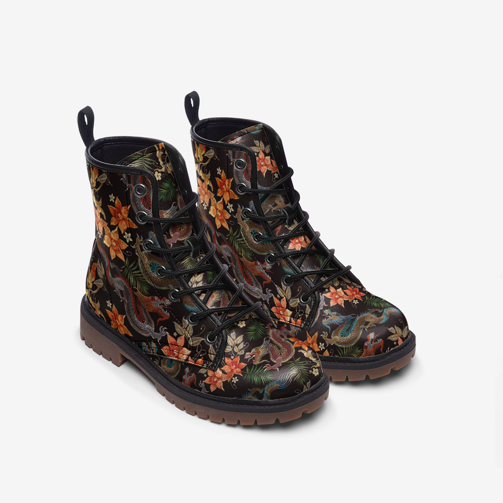 Vegan Leather 2024 Black Ankle Combat Boots with Golden Dragon print