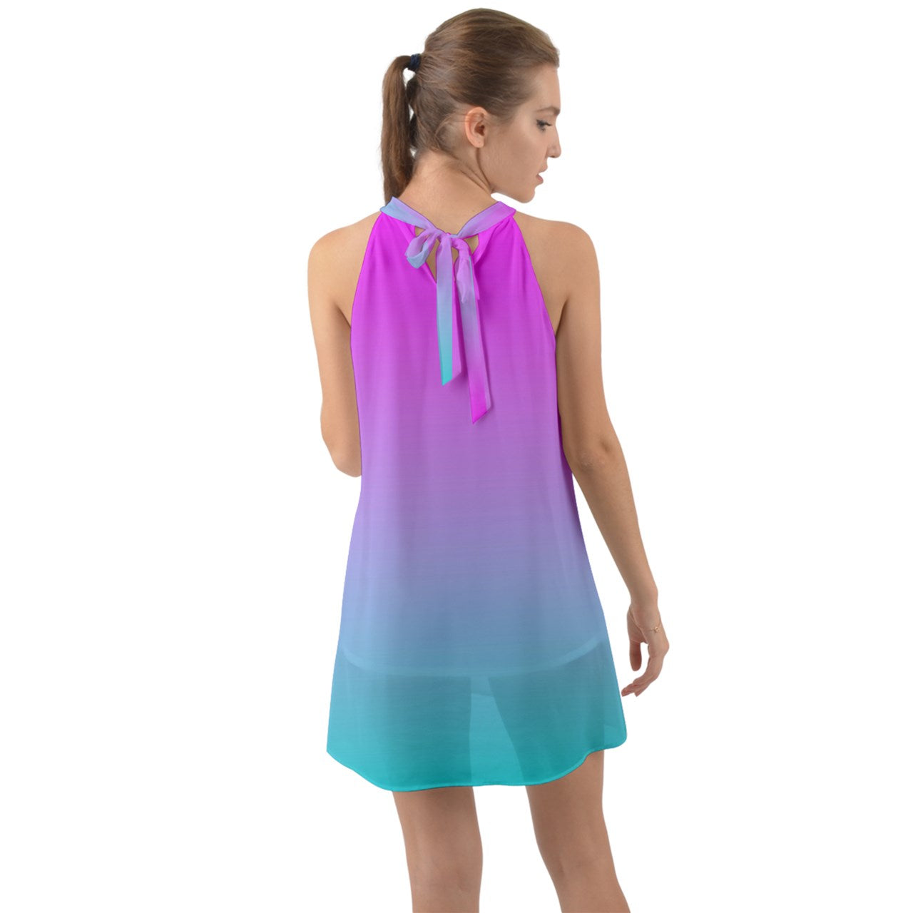 Pink Blue Halter Tie Back Chiffon Dress