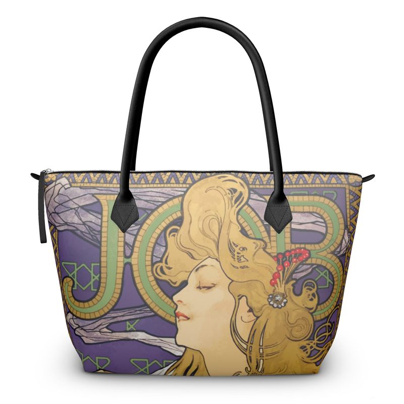 Zip Top Nappa Leather Handbag, Alphonse Mucha Art Nouveau Design