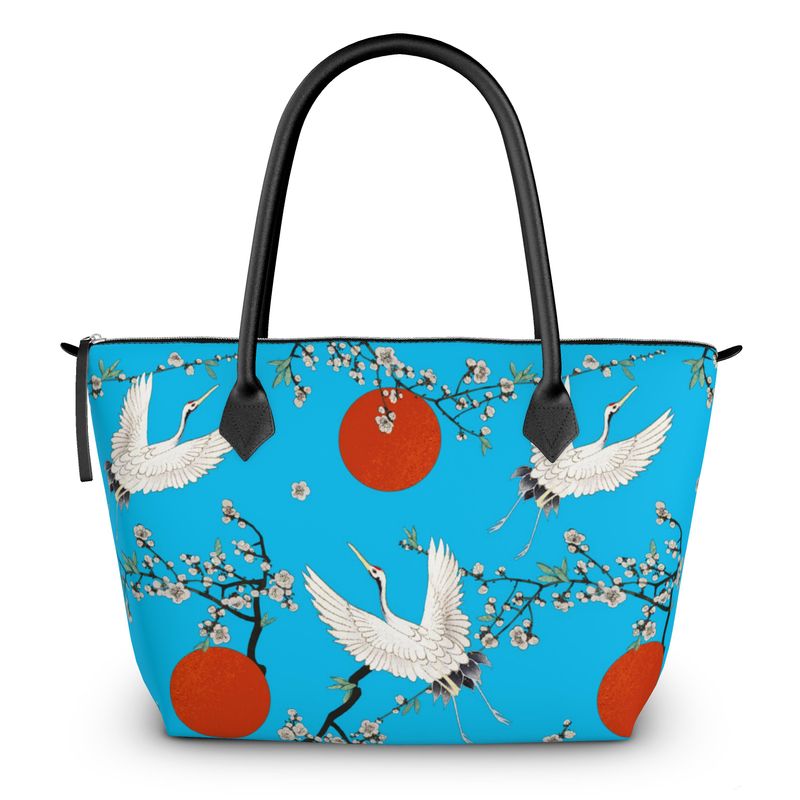 Zip Top Handbag, Tote Handbag, Leather Handbag, Top handle Handbag, Japanese Cherry Blossom and Crane Print