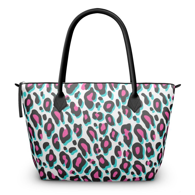 Zip Top, Top Handle, Leather Tote Handbag Snow Leopard Print