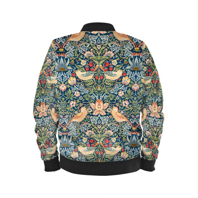 William Morris "The Strawberry Thieves" Bomber Jacket in Marbled Velvet, Satin, Jersey or Waterproof Outer