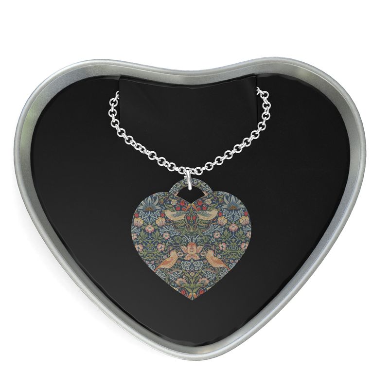 Art Nouveau Sterling Silver Heart Necklace, William Morris "The Strawberry Thieves"