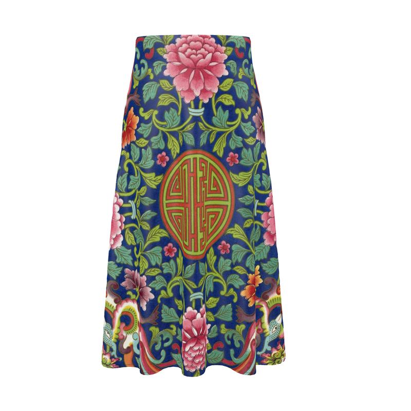 High Waisted A-Line Silk Boho Maxi Skirt, Art Nouveau Floral