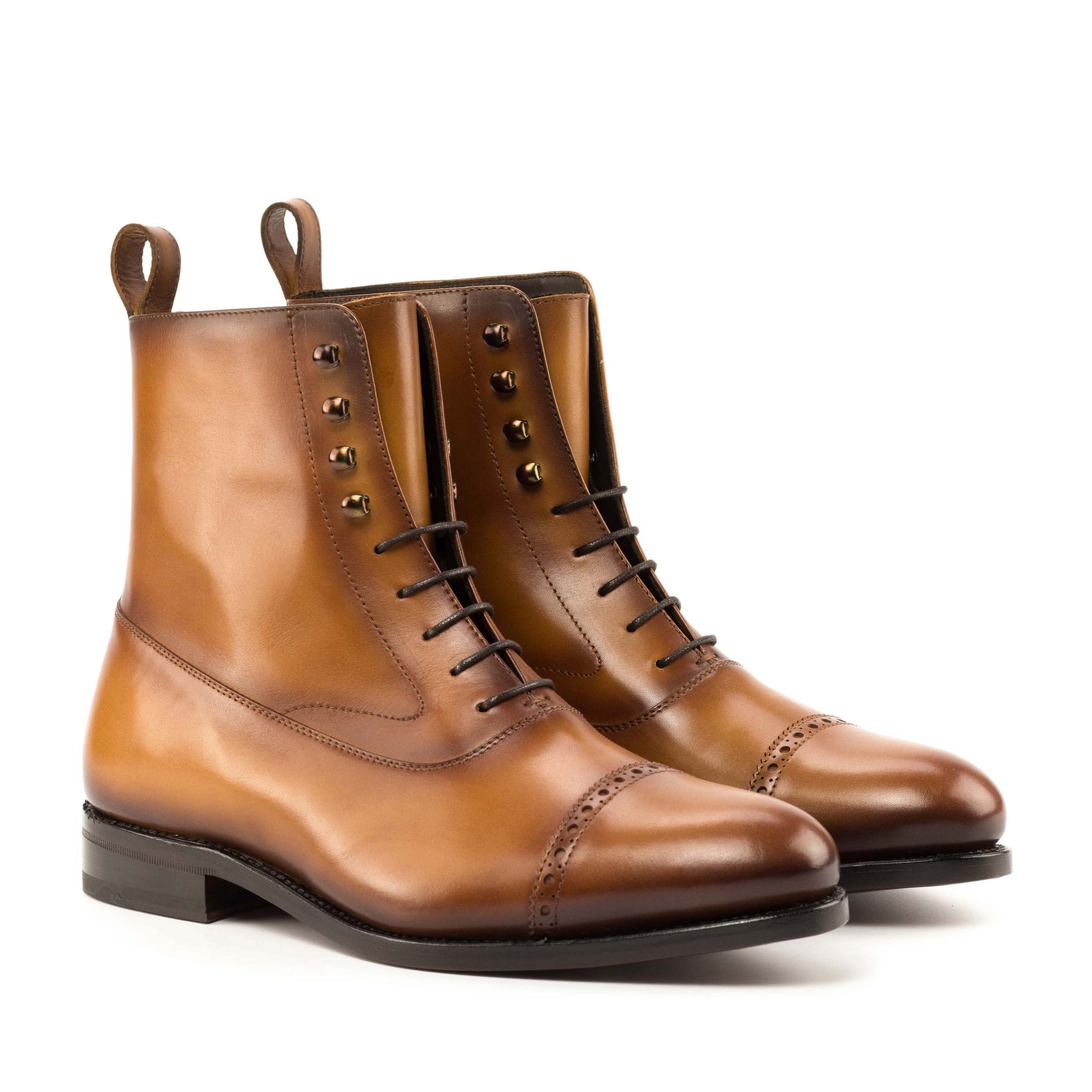 Balmoral Tan Patina Boots in Cognac Box Calf Leather, Luxury Leather Boots